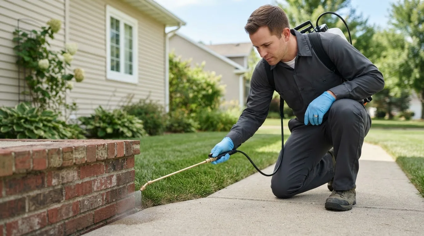 Pest control technician treating a home near La Pine, OR